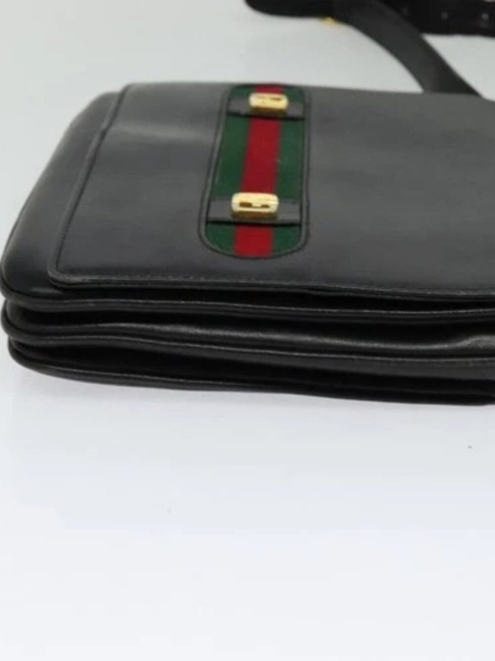 GUCCI Web Sherry Line Shoulder Bag Leather Black Gold Auth ep9327 - Picture 4 of 16